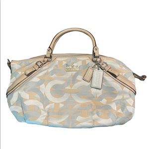 Coach purse in beige, and light blues. Medium size bag with handles and strap